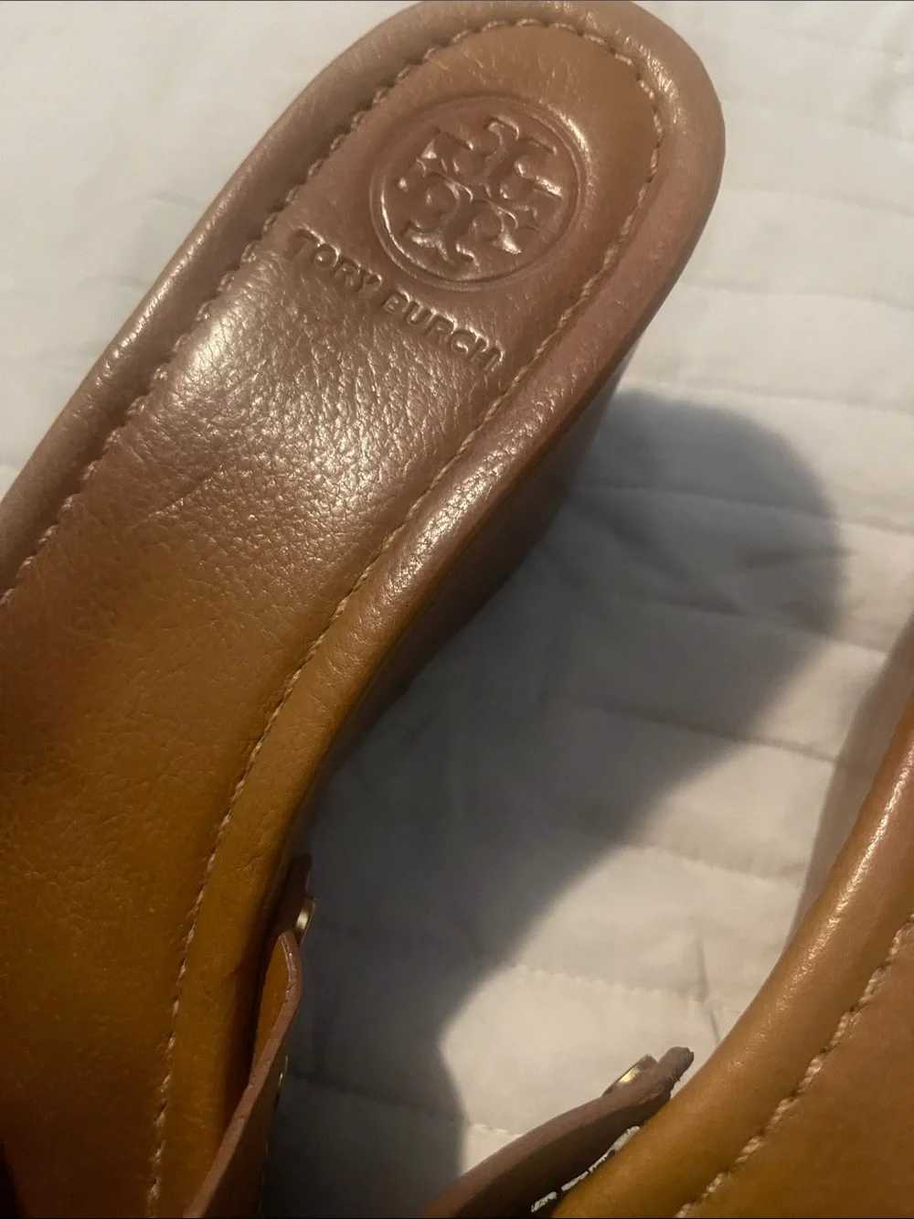Tory Burch Cognac Leather Logo Slide Mules